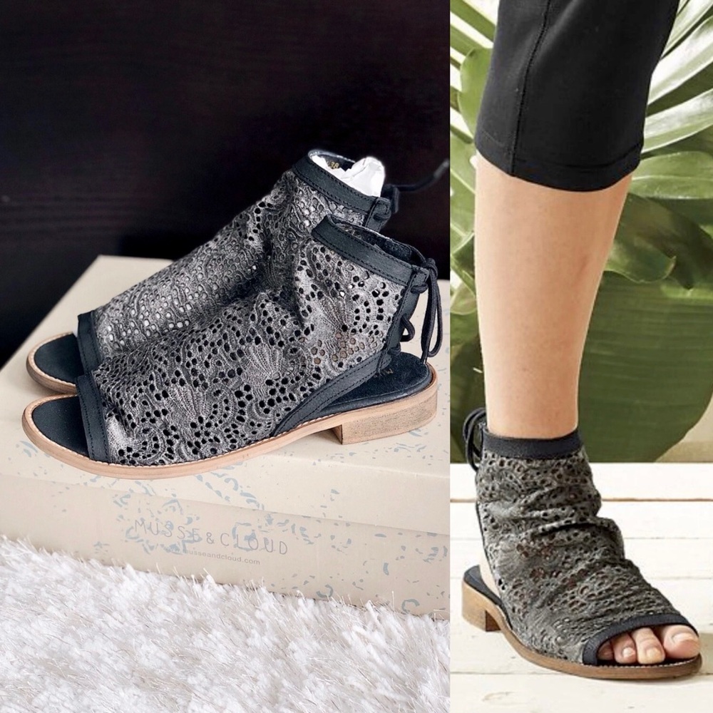 ✨New MUSSE & CLOUD Aineed Lace Sandals Black Olive Womens Size 38/US 7